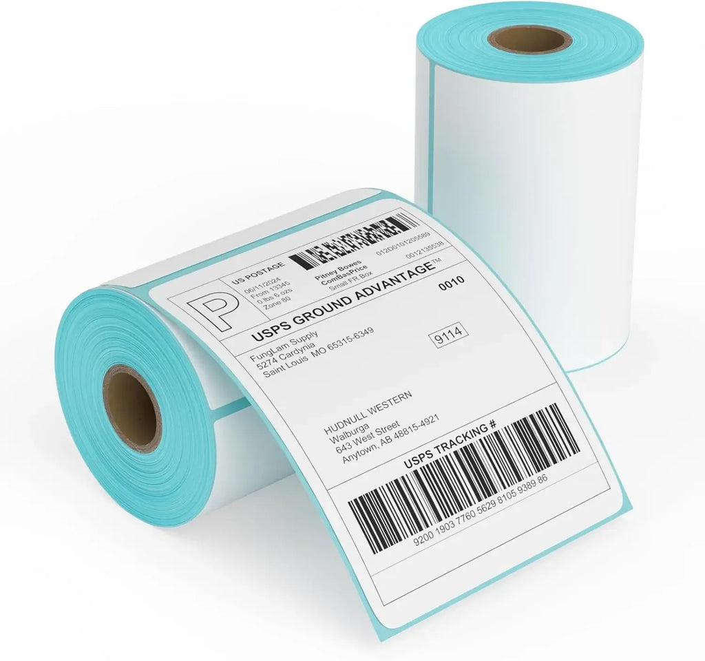 Sky blue direct thermal label roll with stacked barcode labels, adhesive sticker sheets