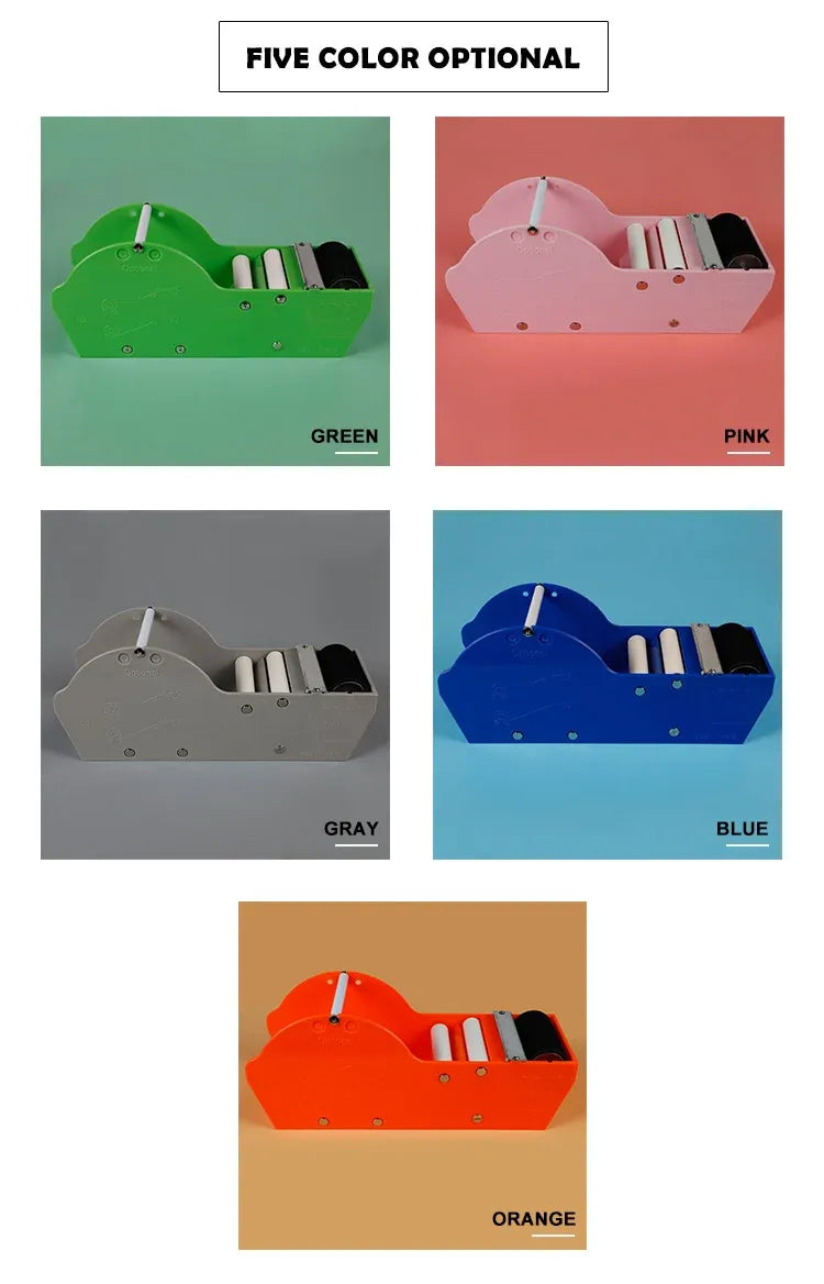 Five color options chart for manual tape dispenser: green, pink, gray, blue, orange
