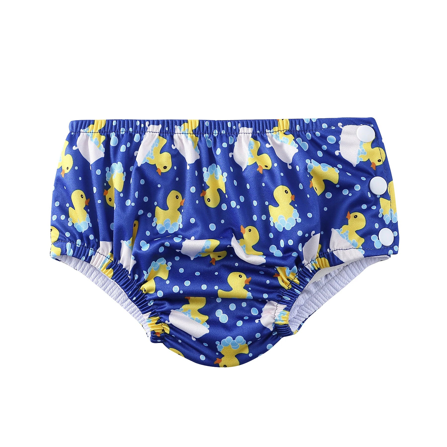 Reusable baby swim diaper featuring a blue rubber duck print with side snap buttons for adjustable fit.