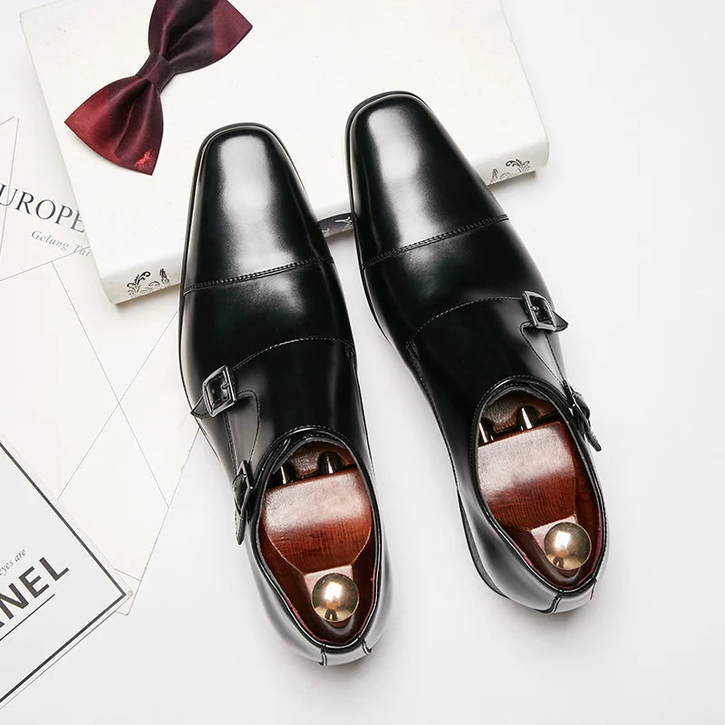 Men's Trendy Office Dress Shoes Big Size Breathable Wedding Shoes with Big Monk Strap Style Leather Style