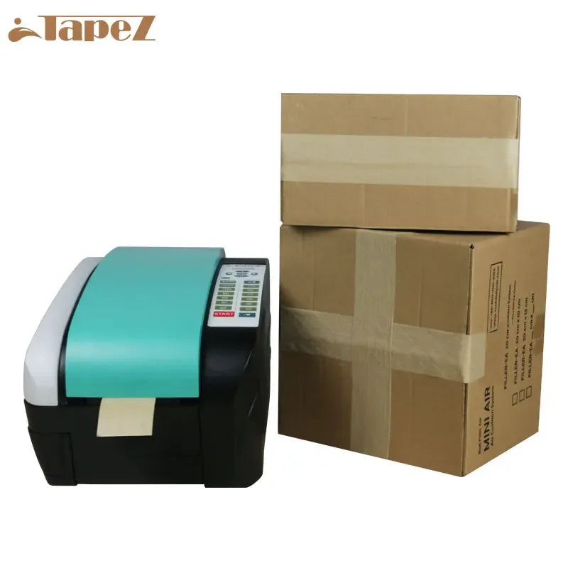 Teal gummed paper tape dispenser with built-in control panel and tape roll