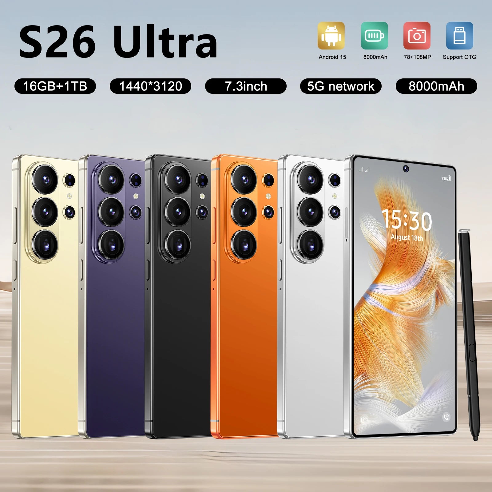 2026 S26 Ultra smartphone featuring 7.3-inch 144Hz display 16GB RAM 1TB storage Android 15 and 108MP camera
