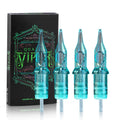 Viper membrane tattoo needle cartridges in a box. Four translucent blue plastic tips with metal needles for tattooing.