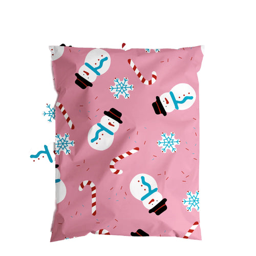 Light pink Christmas poly mailer bag with snowman and candy cane pattern