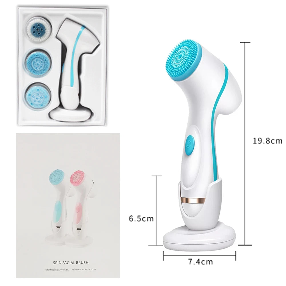 Sonic facial cleansing brush set with spin heads, blue and white skin spa tool for deep cleaning and blackhead removal.