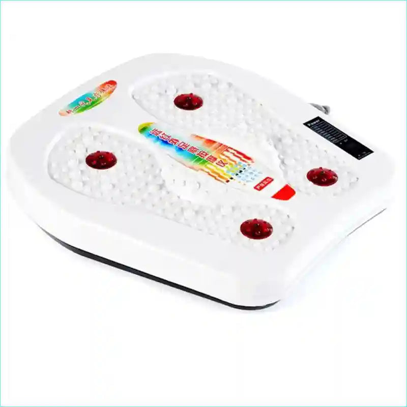 White electric foot massager with infrared heating, vibration, and magnetic acupressure nodes for home circulation.