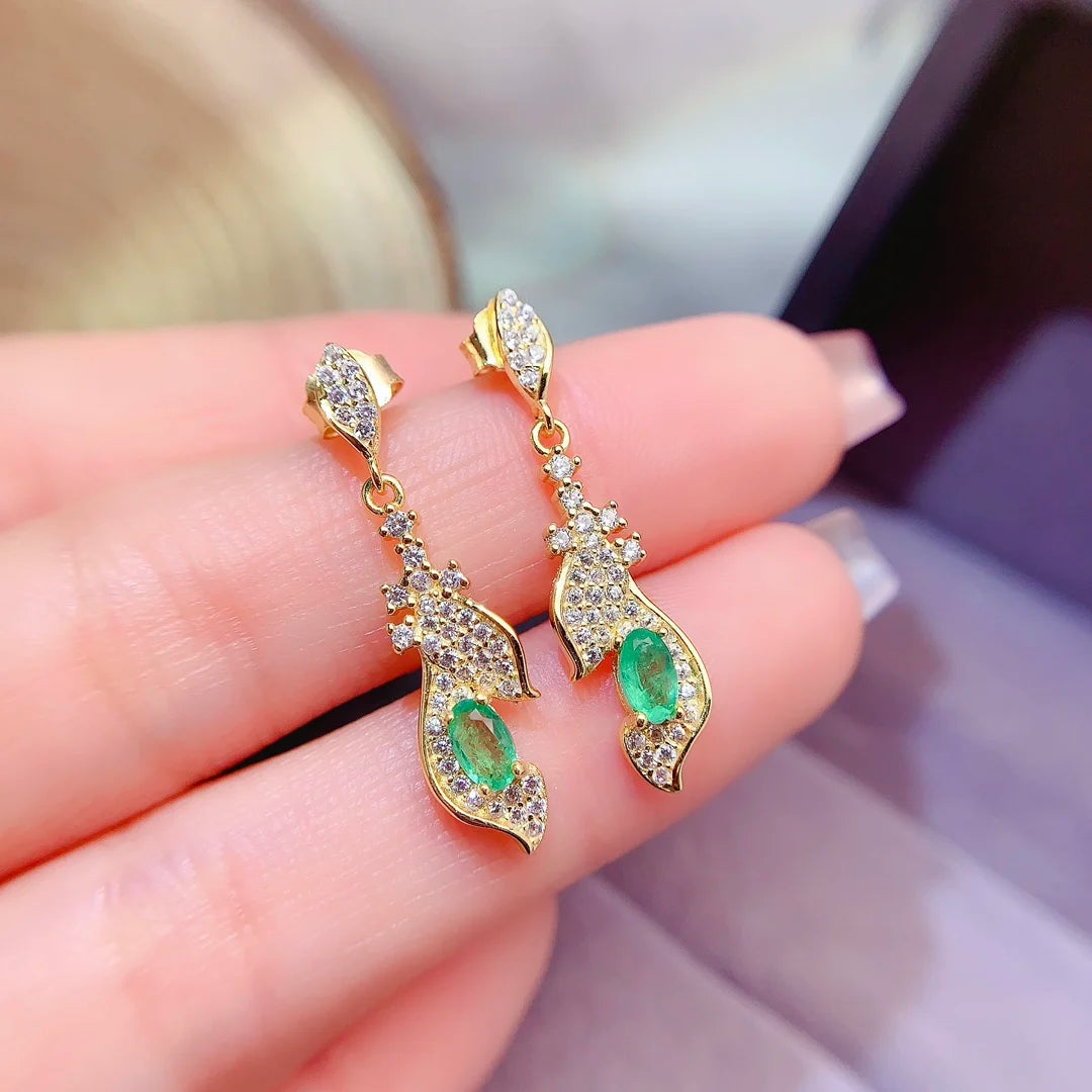 Hot Popular Vintage Gold-Plated Natural Emerald Stud Earrings Classic CMA for Women's Engagement