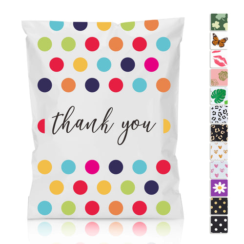 White polka-dot polyethylene mailer bag with “thank you” text on the front