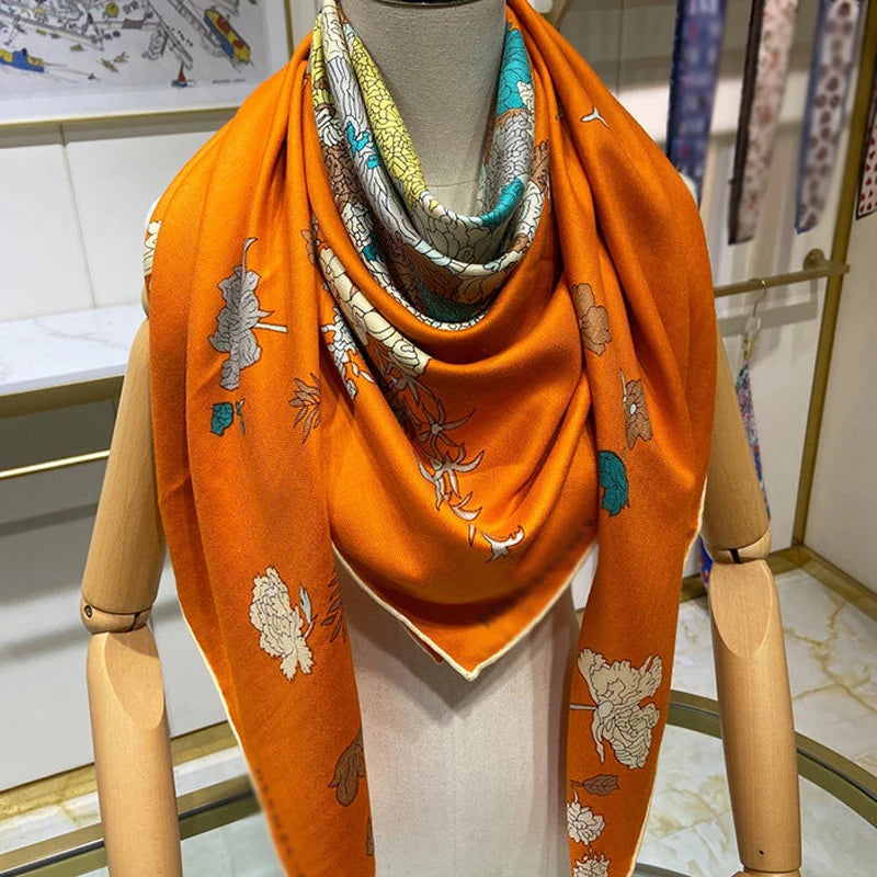 Luxurious 140x140cm Large Square Flower Horse Printed Brand Cashmere Silk Scarf Gift  for Elegant Individuals in Stock MOQ 1 PC