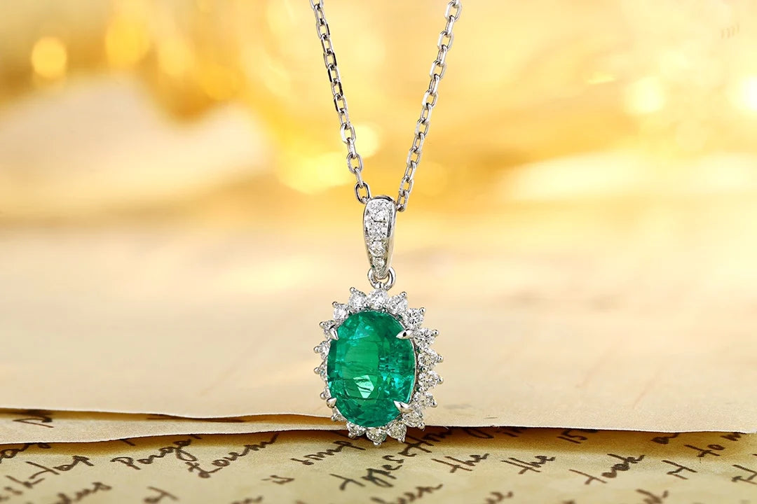 Lanphear PT950 Luxury Pendant Oval Lab Grown Emerald Fashion Jewelry Necklace Lab Grown Diamond Fine Necklaces