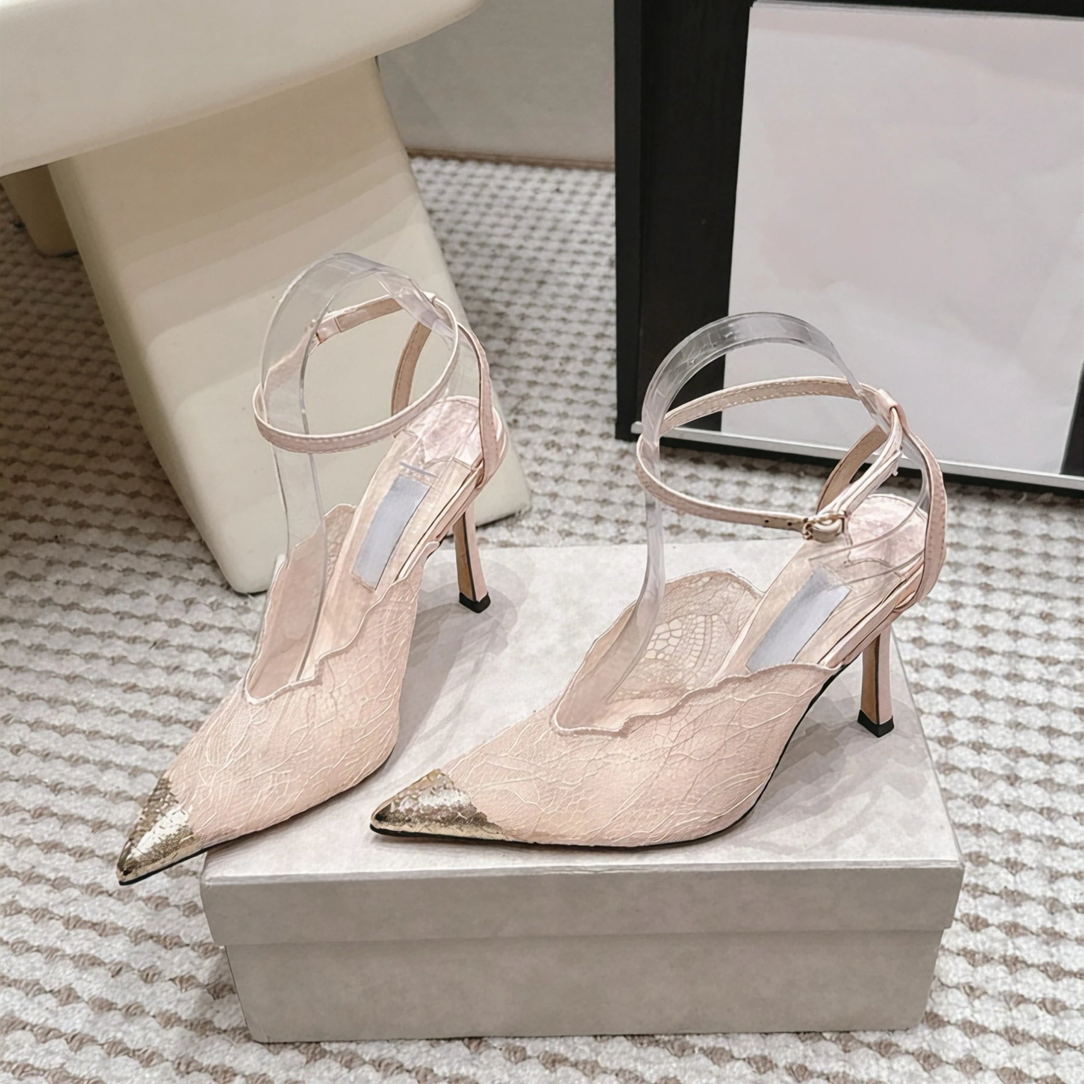 High-quality Designer Style Lace-up Pointed Toe Open-heeled 10cm Stiletto Heels Women's Ankle-length Strappy Elegant Heels
