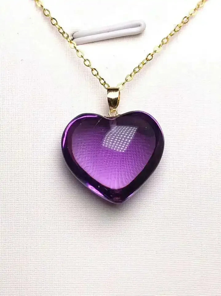 Natural Purple Amethyst Quartz Brazil Faceted Heart Love Trendy 18K Gold 18x18mm Healing Stone Necklace AAAAAA
