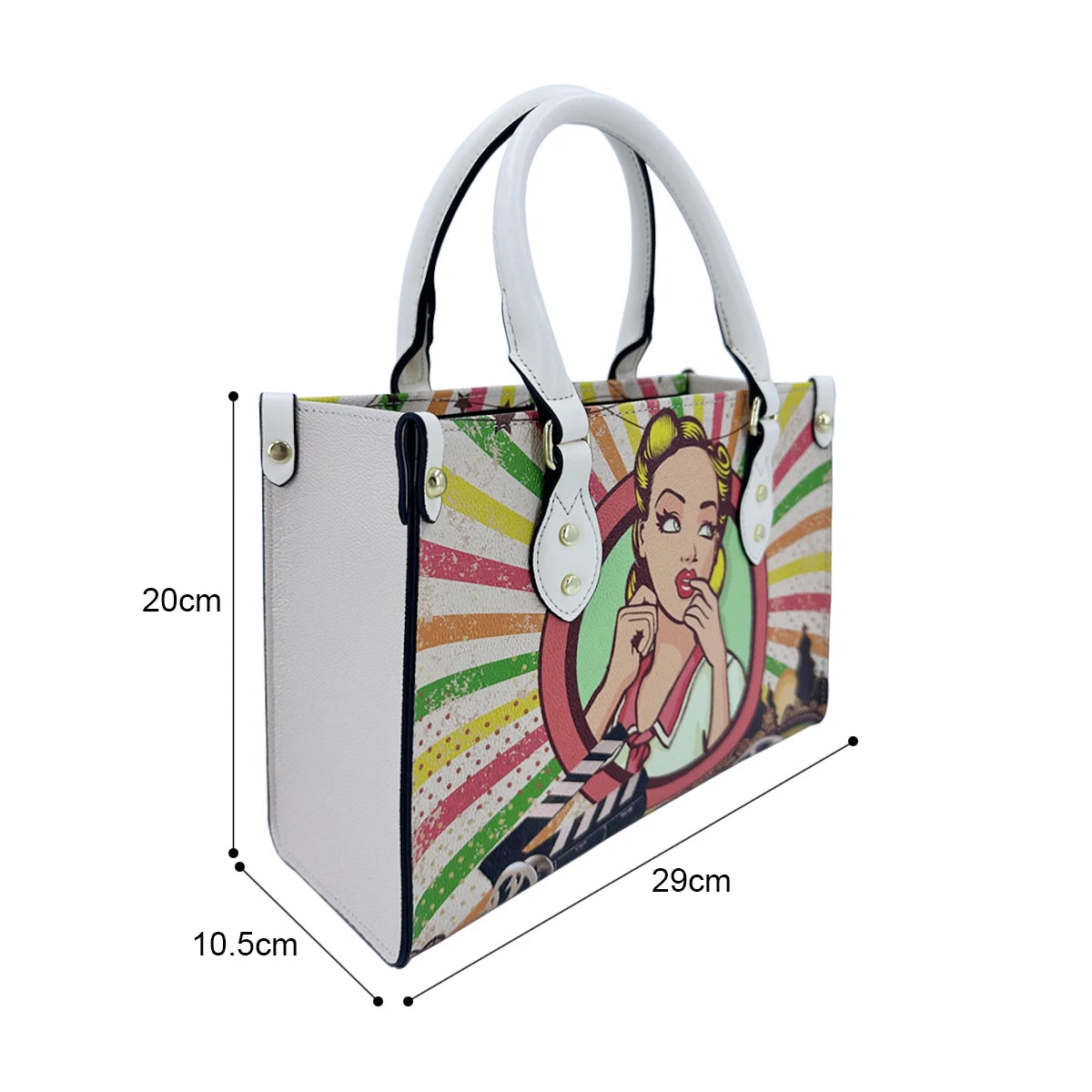 Vintage leather trunk handbag with pop art girl print, white handles, and gold logo hook closure. 29x20x10.5cm.