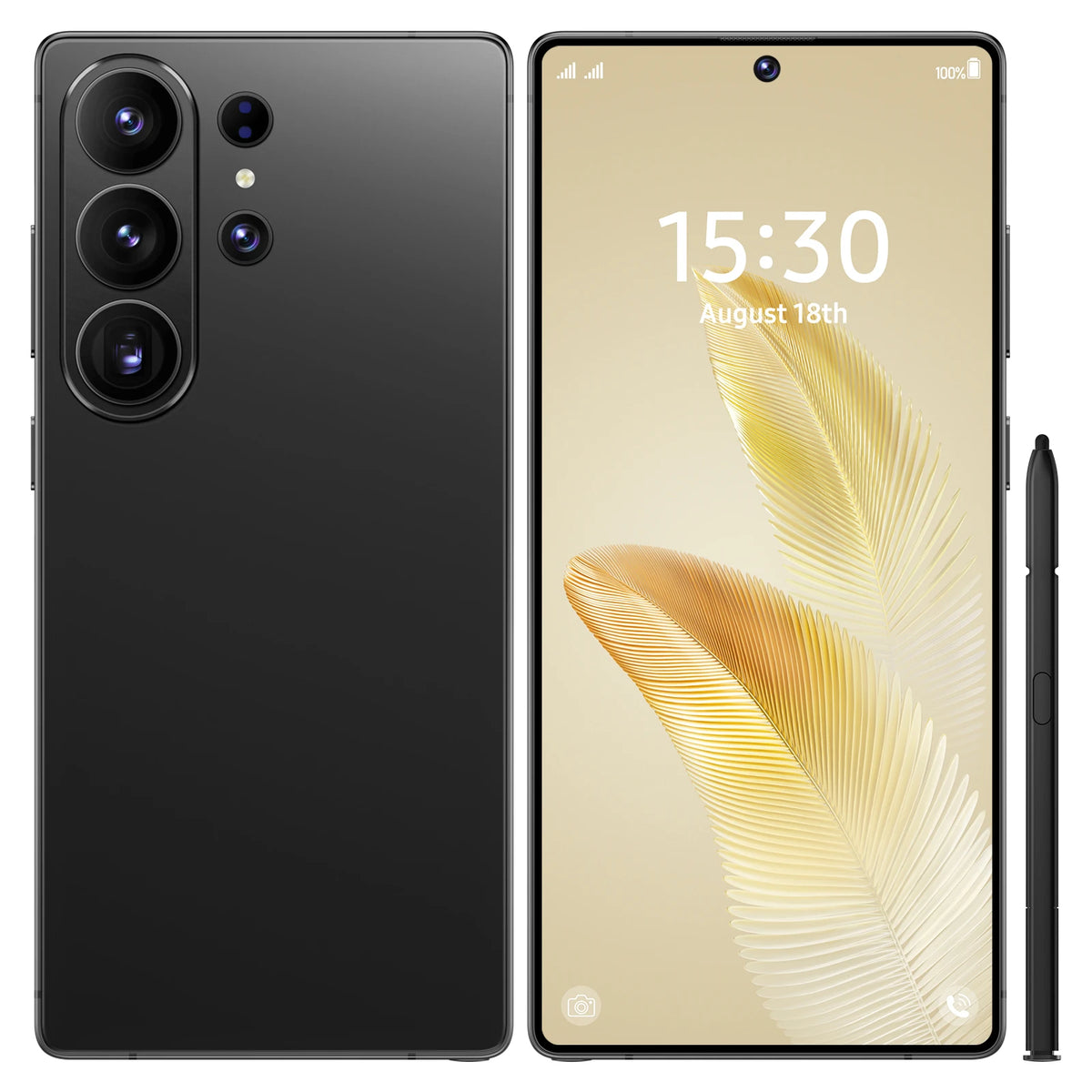 Black smartphone with triple rear cameras and front display, with side button and stylus.