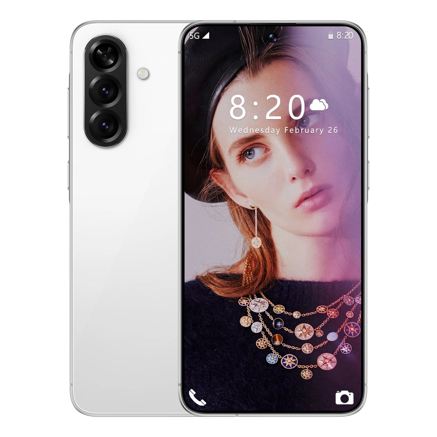 White smartphone with triple rear cameras and front display, showing 8:20 time on screen.