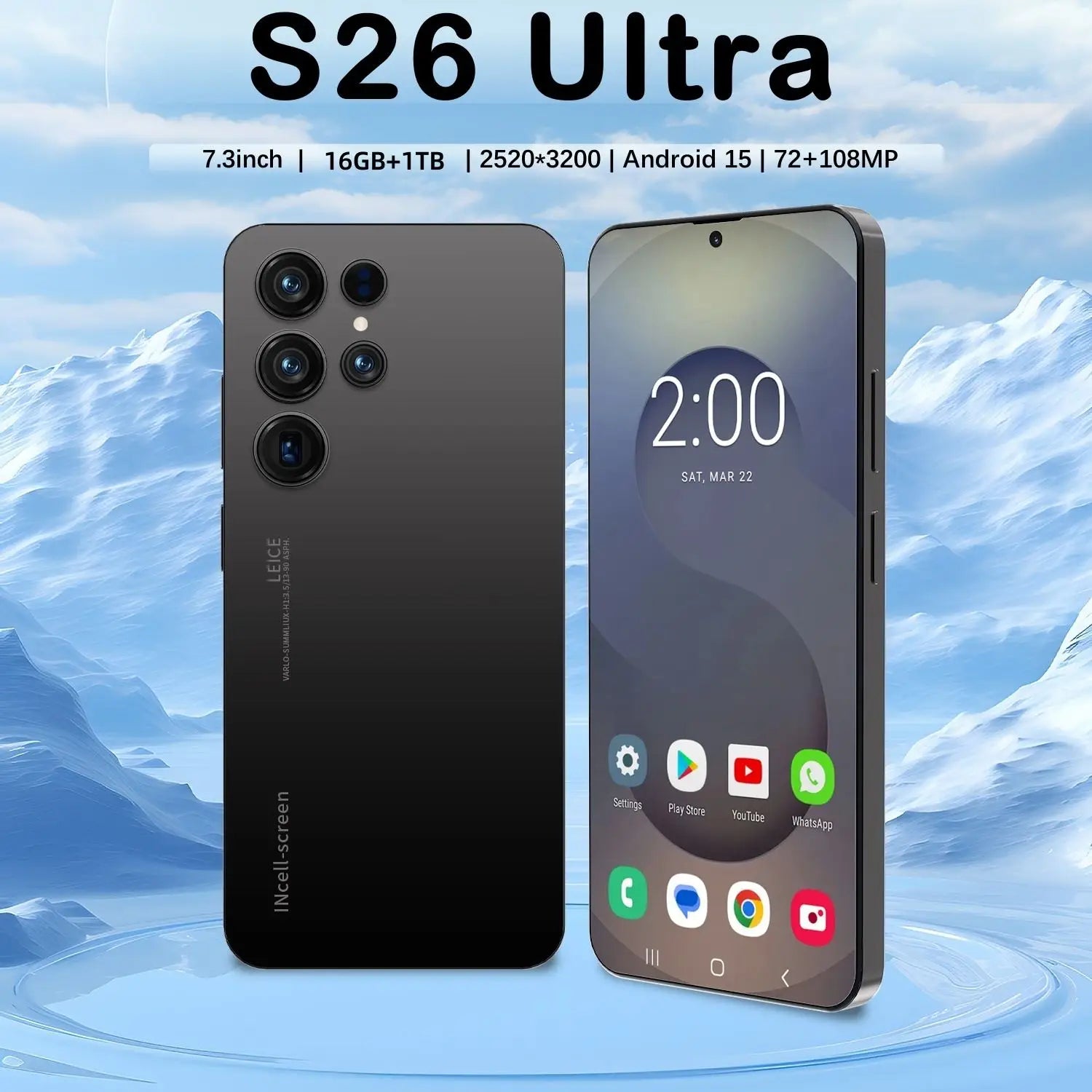 2025 S26 Ultra 5G Android 15 smartphone with 16GB RAM 1TB storage and 7.3 inch HD display side view