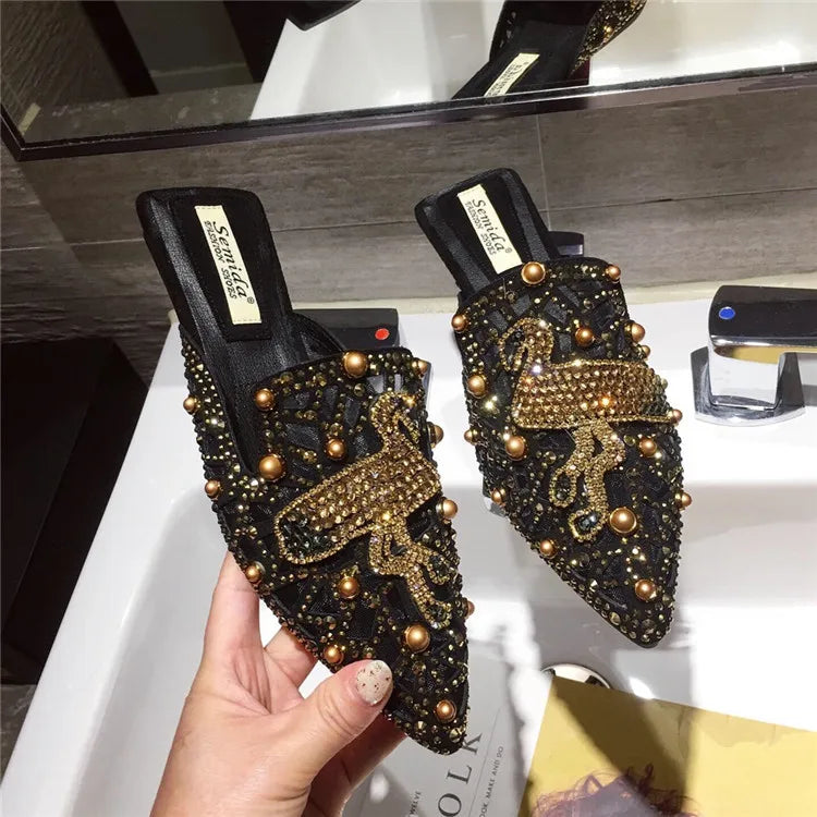 Luxury Rhinestone Outdoor Slippers Closed Toe Female Women Loafer Spring  Flat Shoes with Diamonds