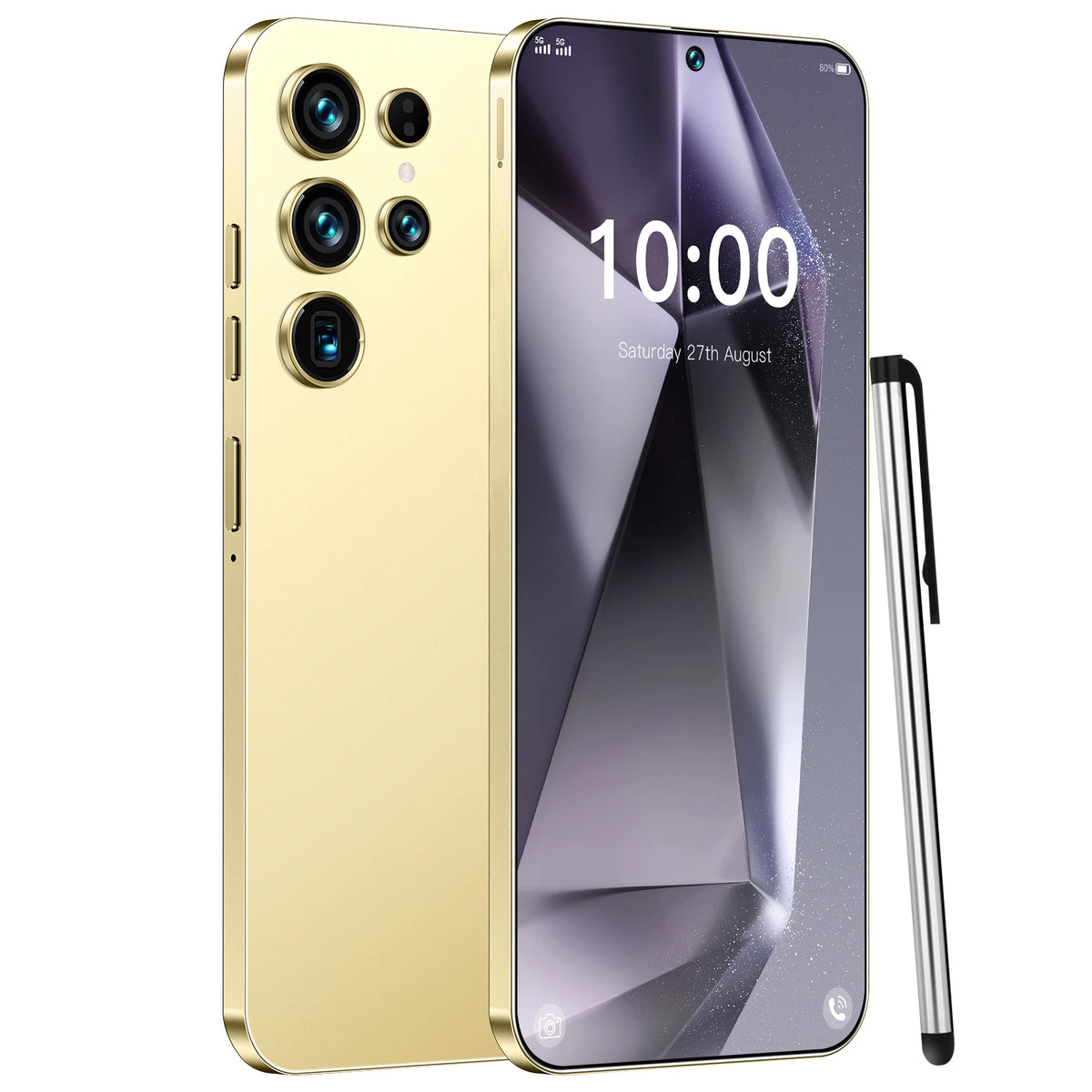 Smartphone in gold with quad rear cameras and large 7.3-inch display