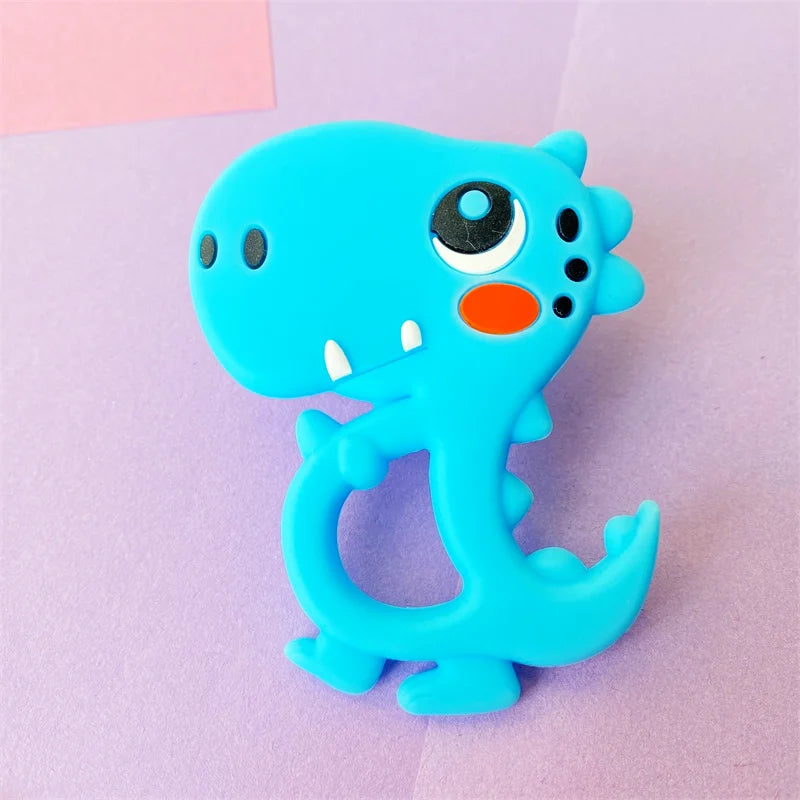 Blue dinosaur silicone teething toy for baby pain relief.