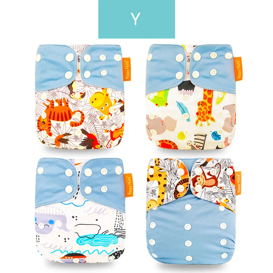 Happy Flute reusable baby cloth diapers, set of 4 with colorful animal jungle designs and adjustable snap buttons.