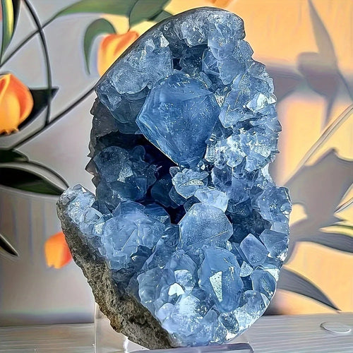 Blue celestite geode cluster with rough base and large crystal druses