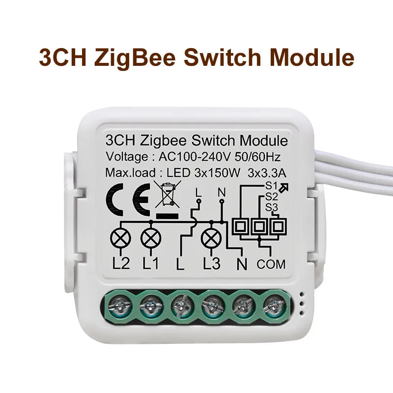 3CH ZigBee smart switch module with white case and green terminal block