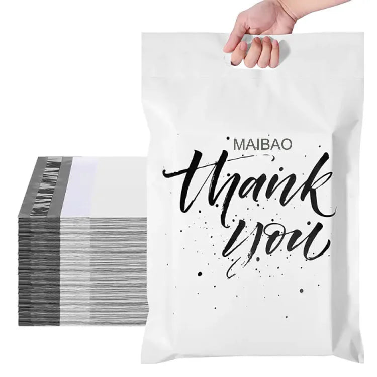 White poly mailer bag with “Thank you” logo and MAIBAO branding