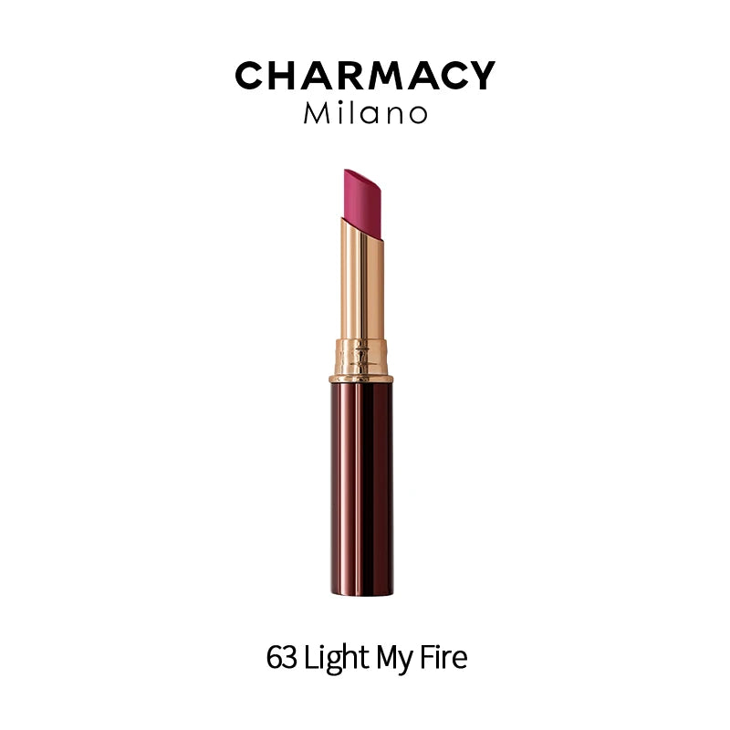 Charmacy Milano 63 Light My Fire velvet matte lipstick, long-lasting waterproof lip color in elegant gold packaging.
