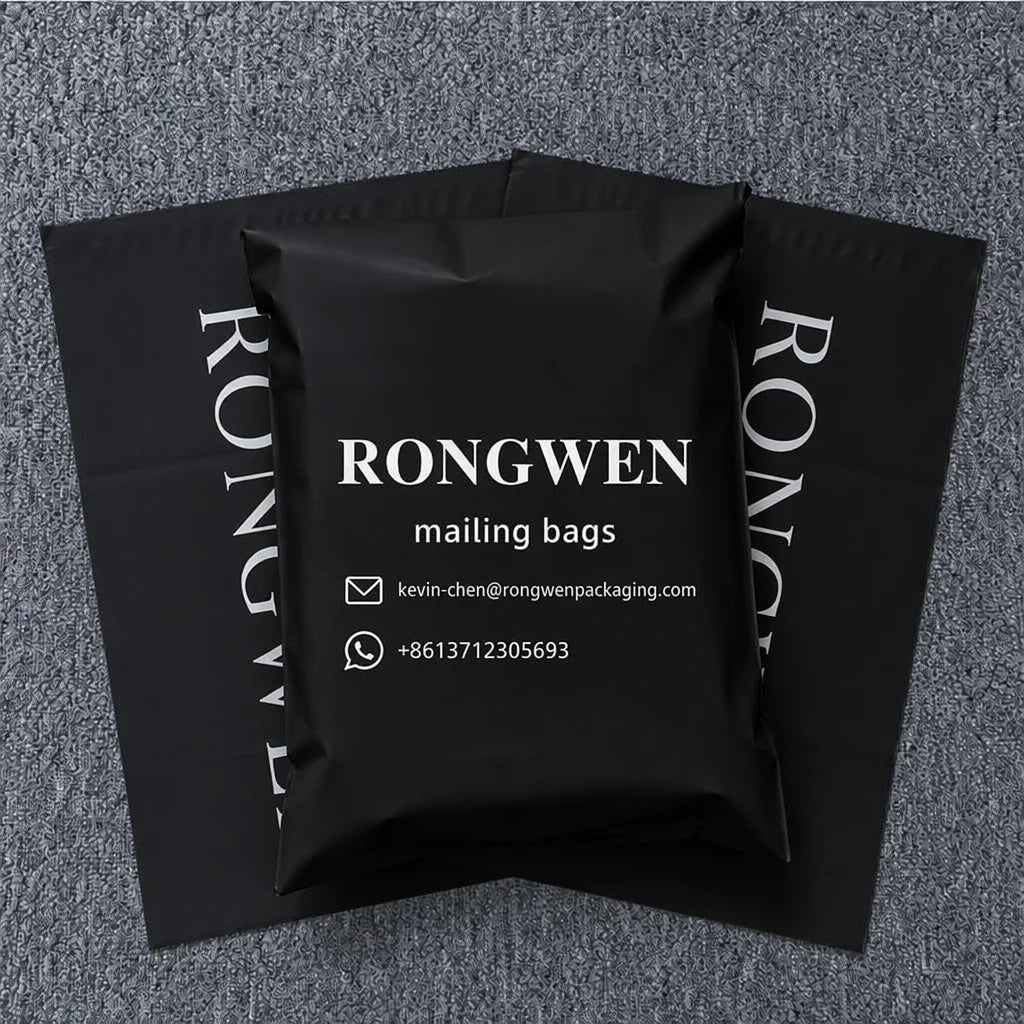 Black RONGWEN mailing bags, crumpled poly mailer envelopes with logo text