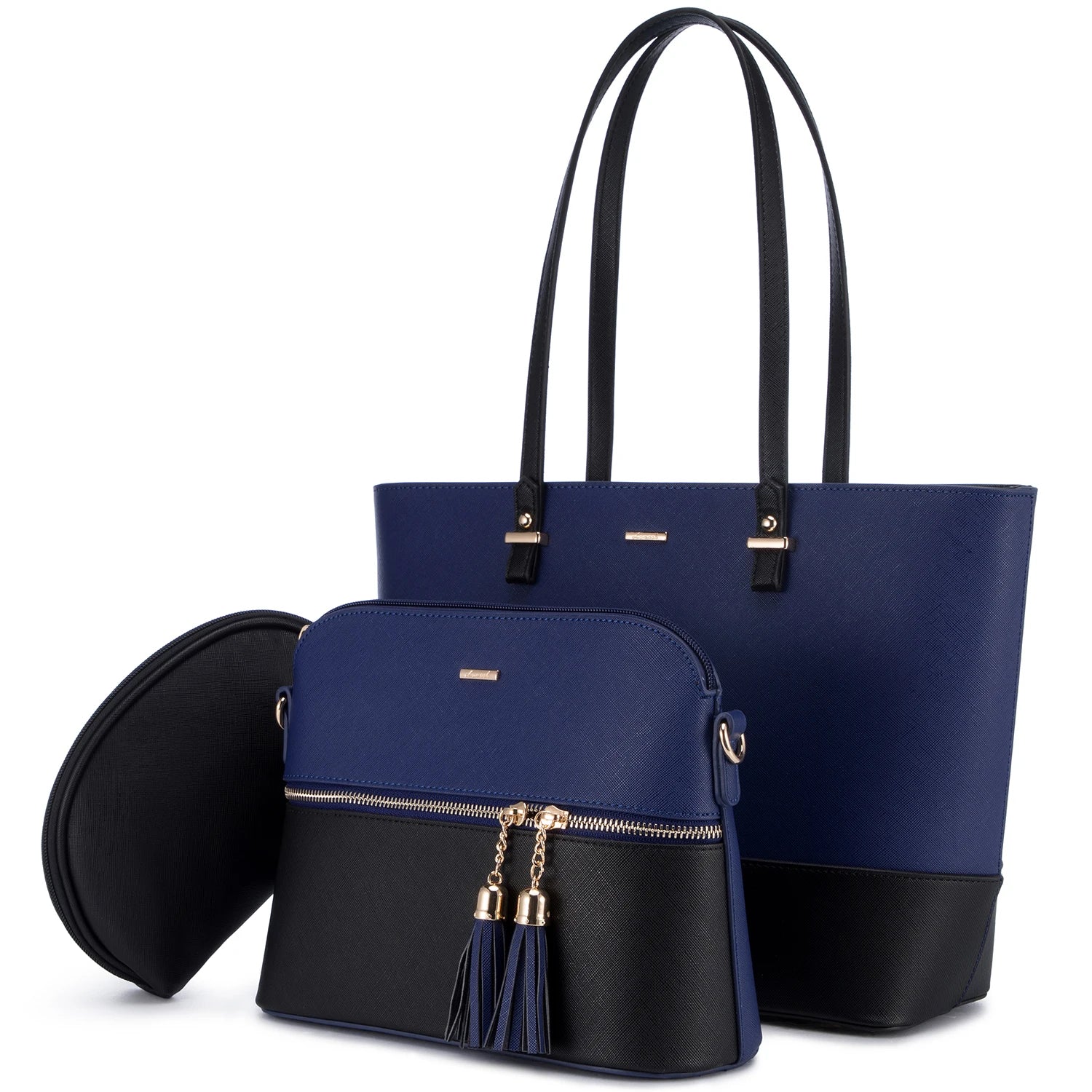 3-piece navy and black PU leather designer handbag set featuring a tote, crossbody bag with tassels, and coin purse.
