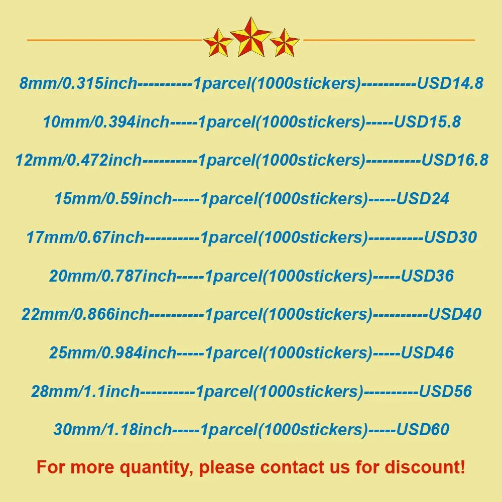 Sticker size chart card for aluminum seal stickers, pack of 1000
