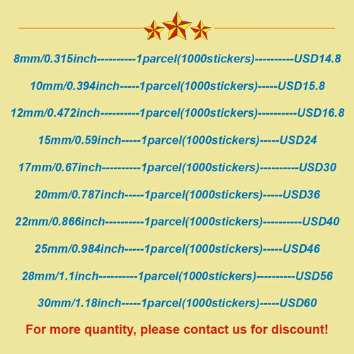 Sticker size chart card for aluminum seal stickers, pack of 1000