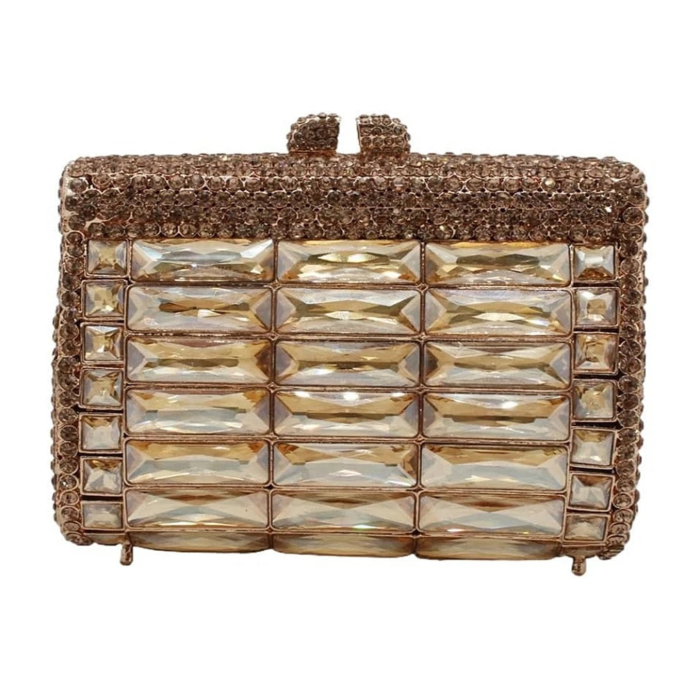 Champagne gold crystal evening clutch with sparkling rhinestones and baguette-cut diamond design for formal weddings.