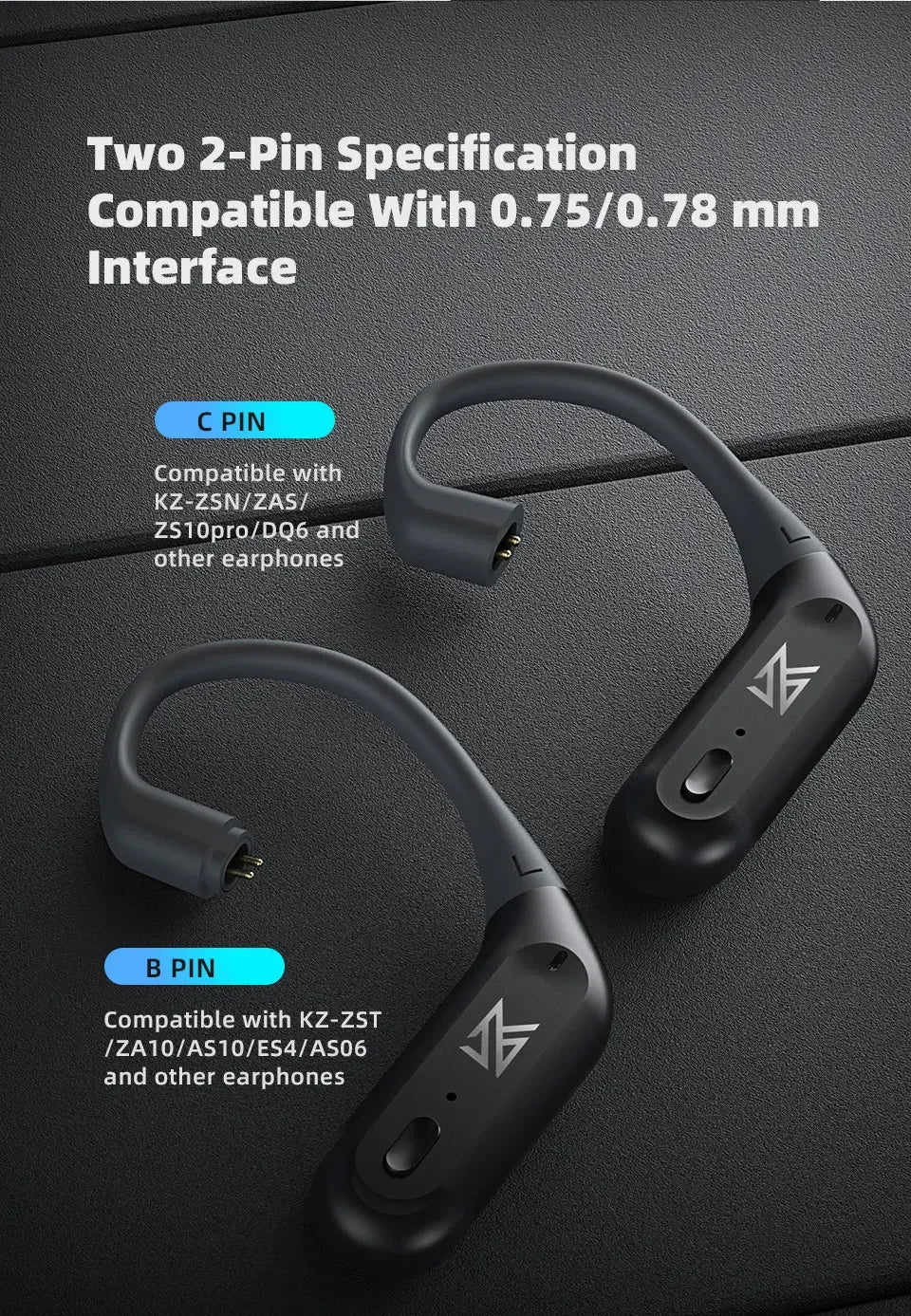 Bluetooth Wireless Adapter for KZ IEM C Pin Ear Hooks - Tidesmit Tidesmit