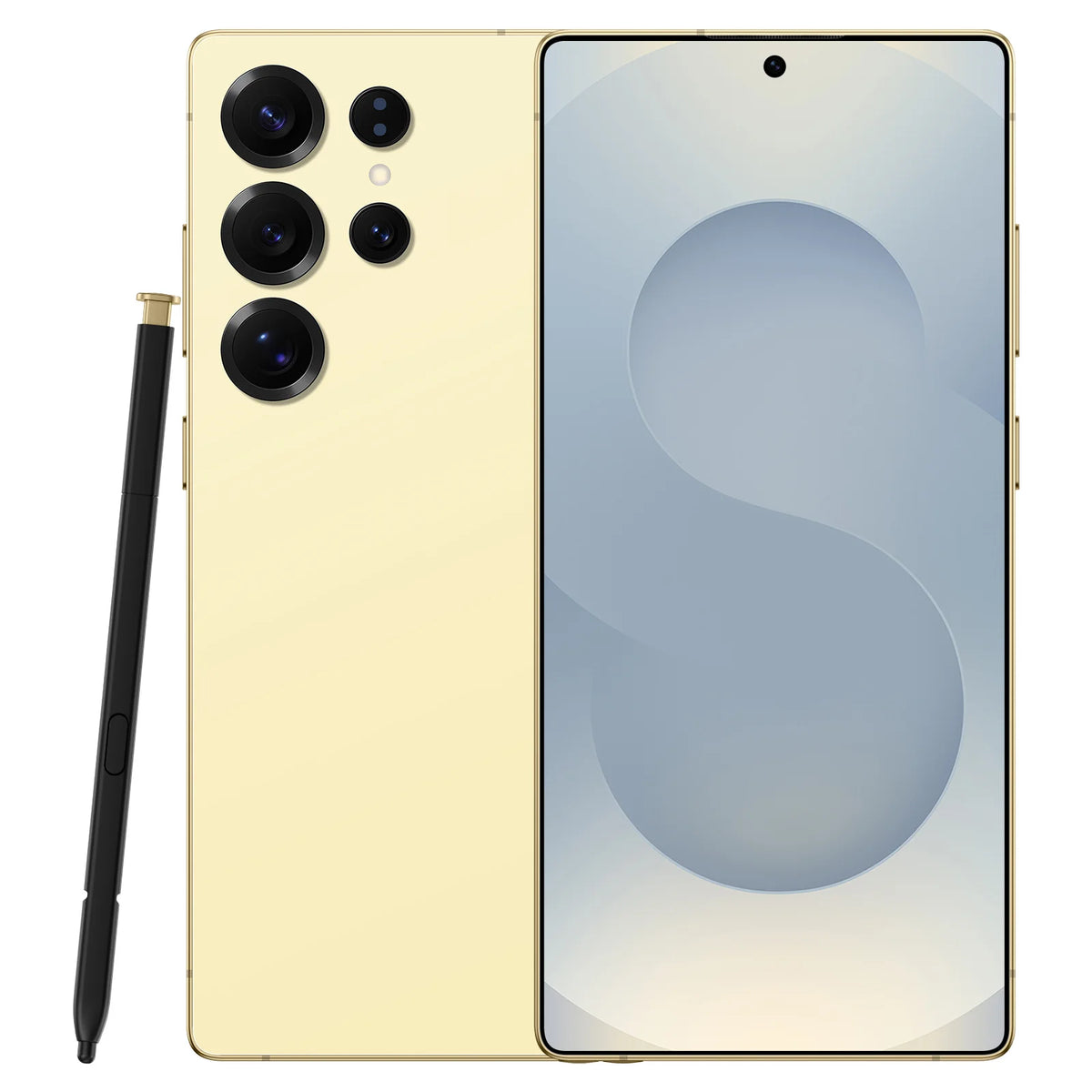 Gold smartphone with triple rear cameras and front display screen, stylus included