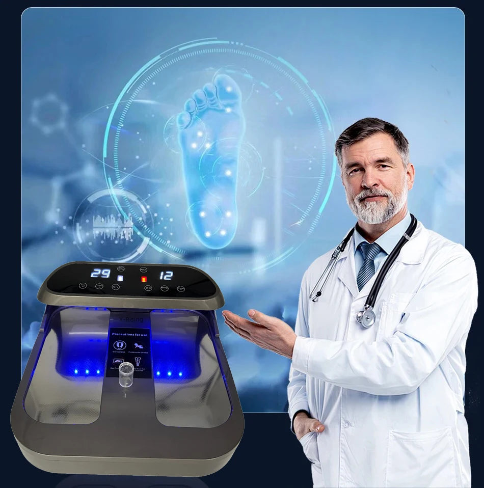 Tera-P90 Terahertz PEMF therapy foot massager with LED display and blue light bio-cell resonance for home health care.