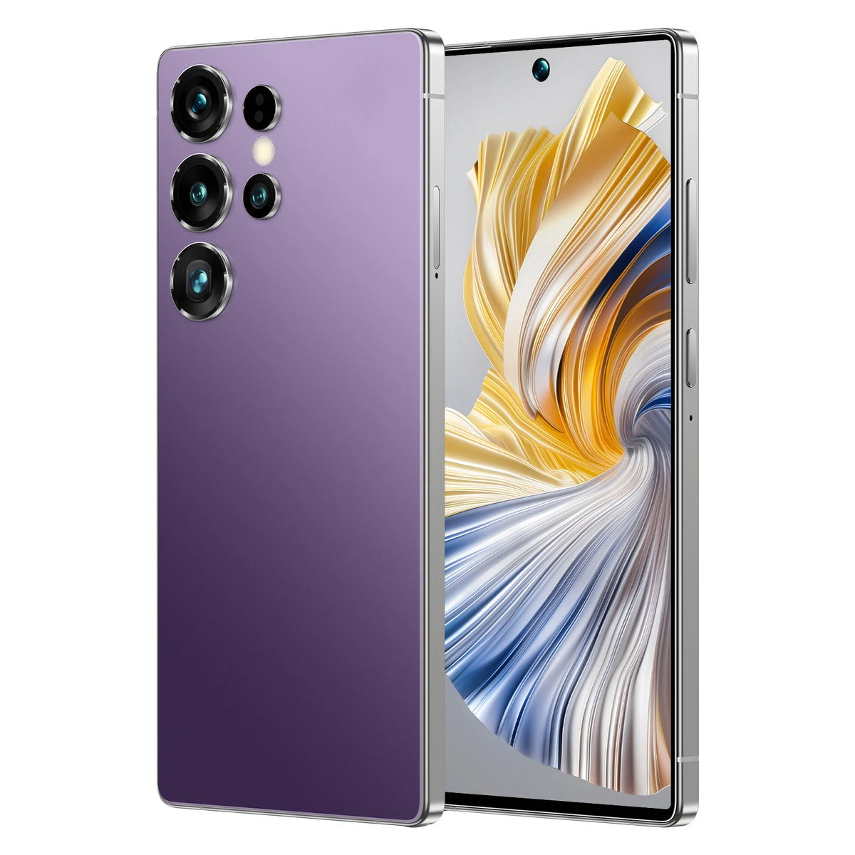 Purple smartphone with triple rear cameras and front screen with gold and blue abstract waves