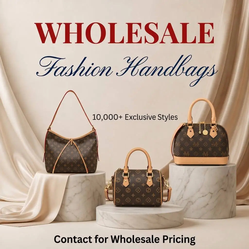 Wholesale monogram leather handbags and trunks with light tan trim, classic silhouettes, and gold hardware detailing.