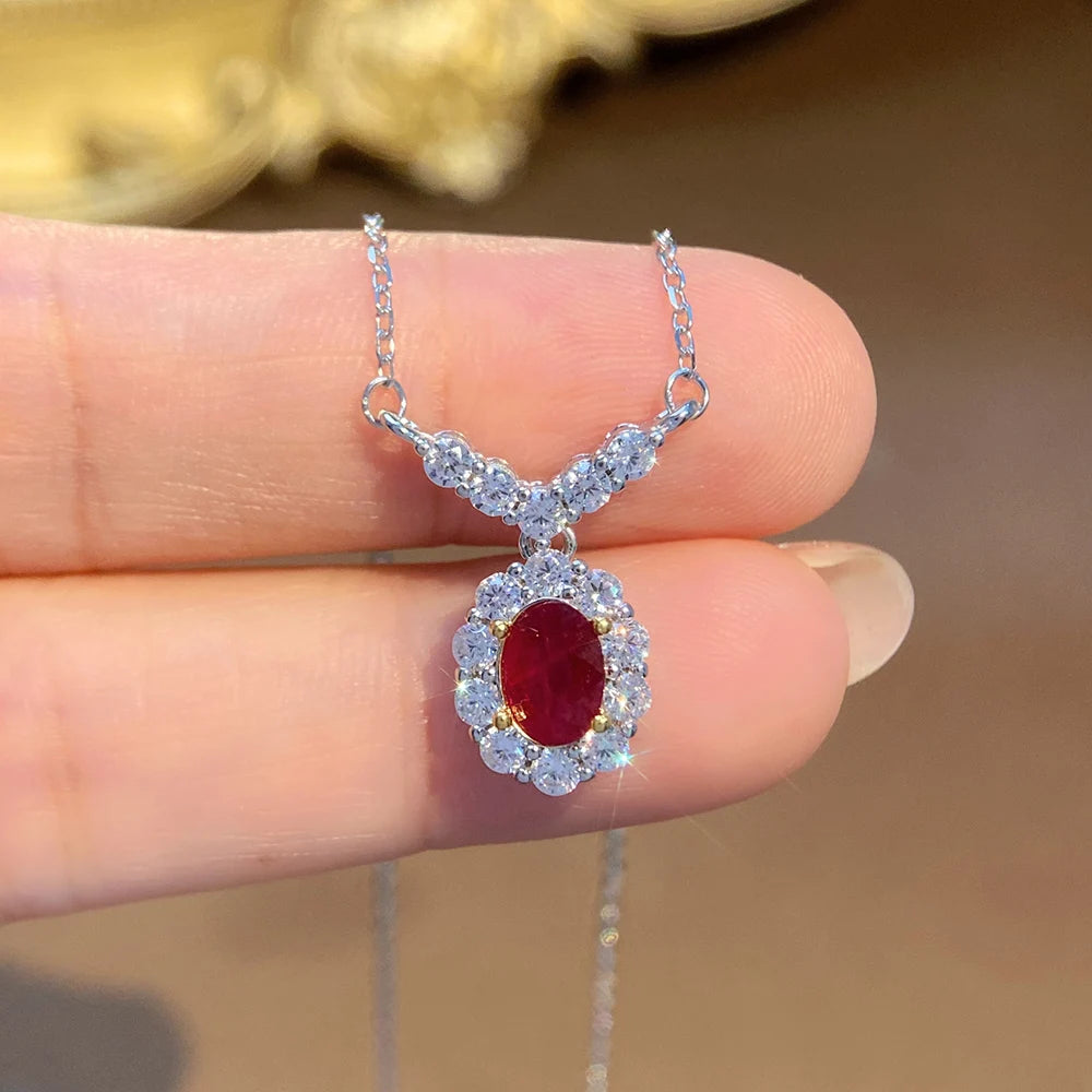 Natural Red Ruby Pendant Necklace S925 Sterling Silver Fine Jewelry for Women Fashion Gemstone Charm Anniversary Gift Wholesale