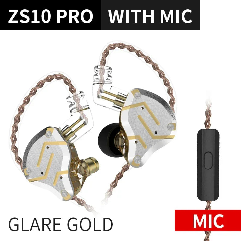 KZ ZS10 Pro 5-Driver Hybrid HiFi Wired Earbuds by Tidesmit ZS10ProGlareGoldMic Tidesmit