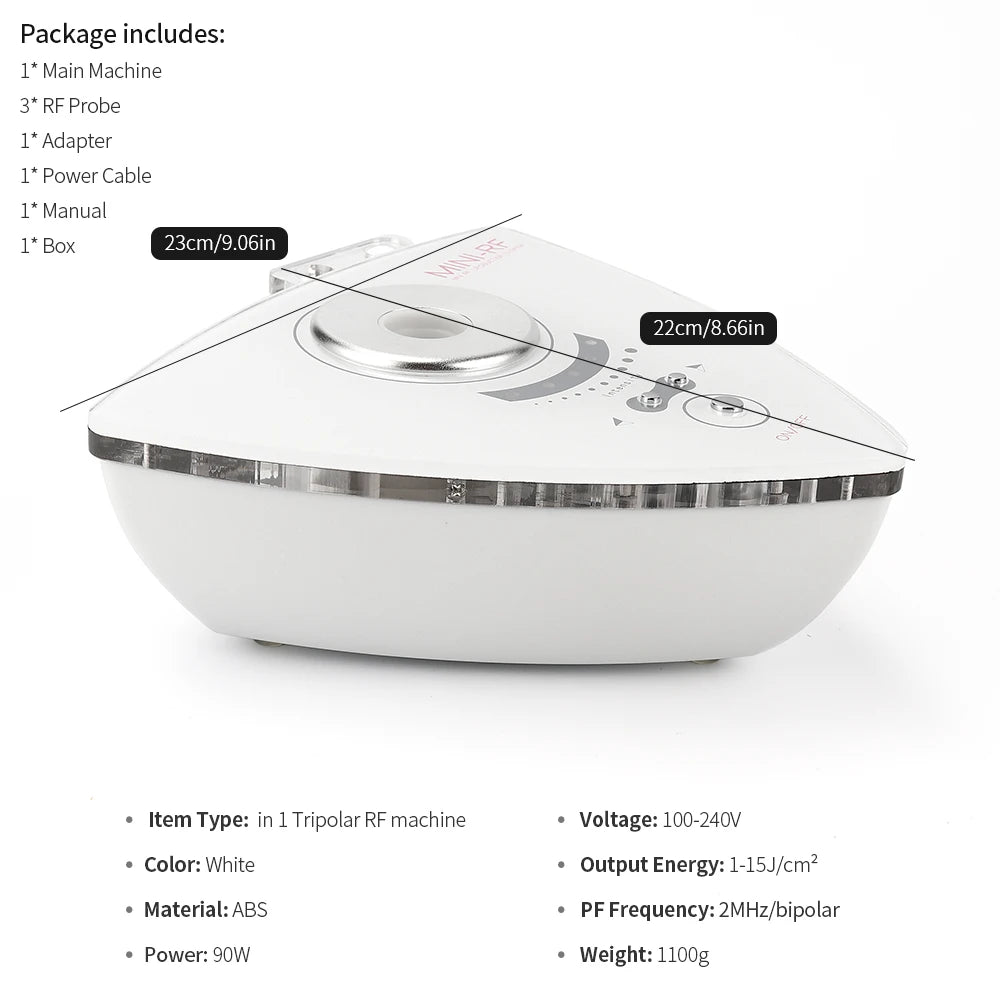 White, triangular 3-in-1 RF skin lifting device with silver probe and control buttons. Size 23cm by 22cm.