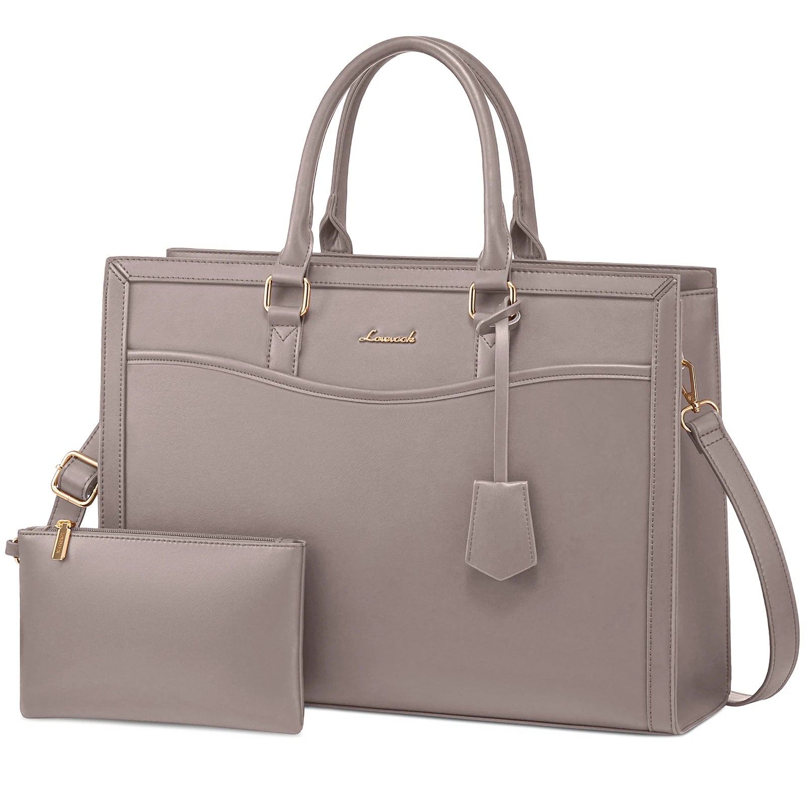 LOVEVOOK taupe leather business laptop tote bag for women with gold hardware, top handles, and matching wristlet pouch.