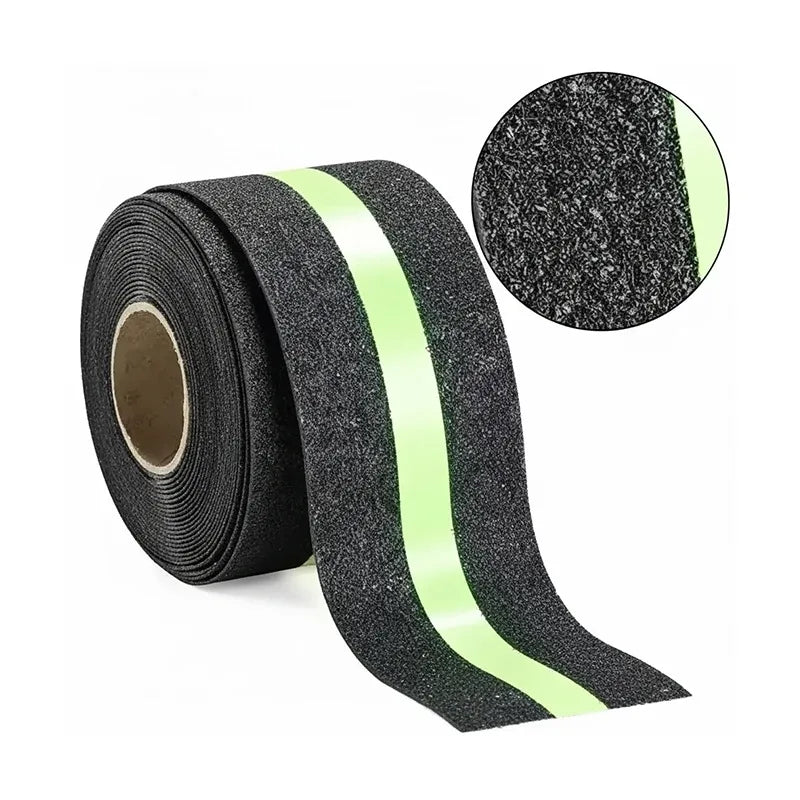 Black anti-slip tape roll with neon green stripe and textured grip surface, rolled up
