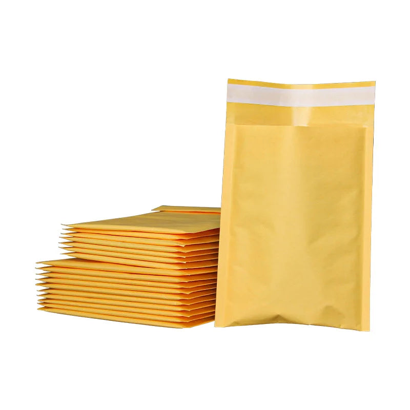 Yellow poly padded mailing bag with bubble lining, shown stacked with one open bag