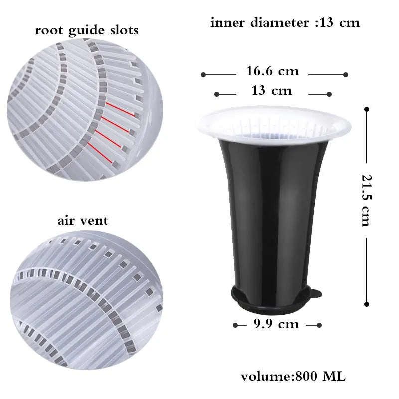 Black plastic orchid planter pot with air vents and root guide slots, 800 mL size