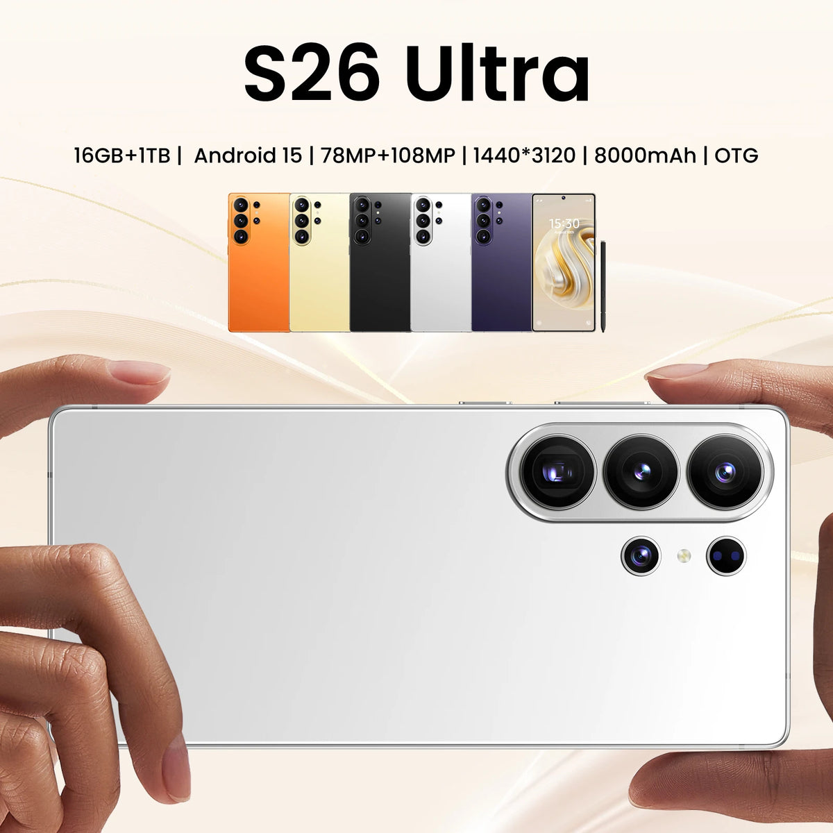 Orange unlocked Android smartphone back with triple cameras, held in hand