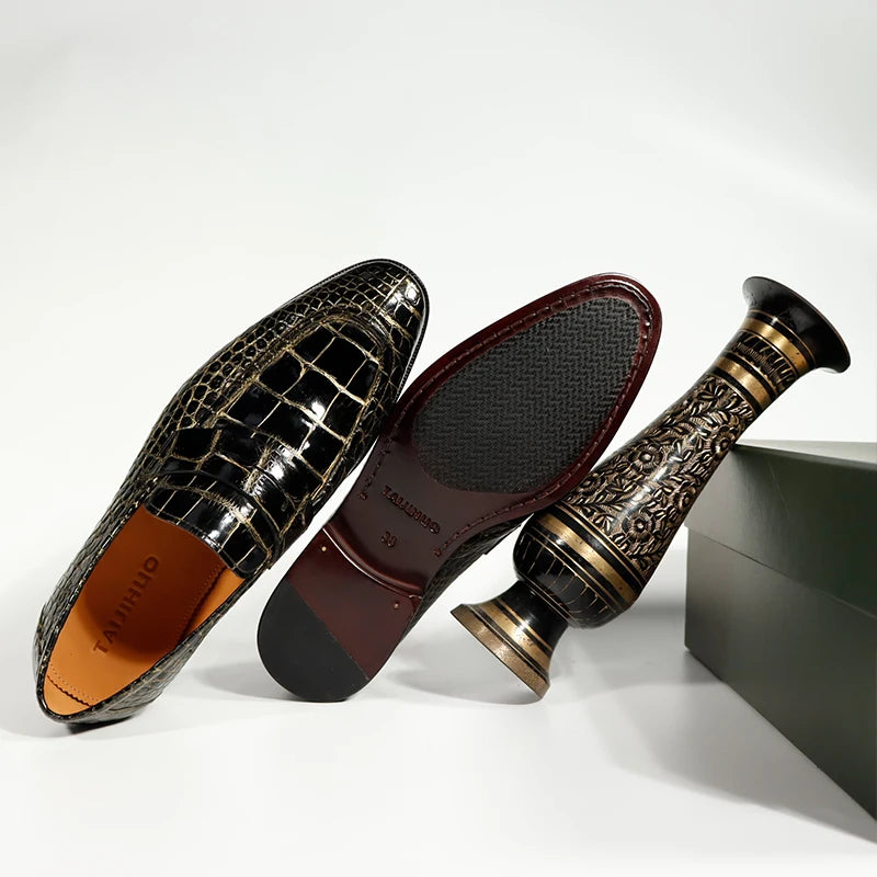 Trendy Genuine Crocodile Leather Shoes Black Gold Loafers Men Wedding Party Footwear Casual Shoes Slip-on Men's Dress Shoes