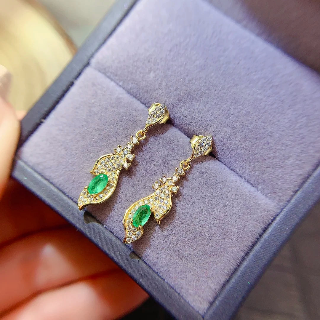 Hot Popular Vintage Gold-Plated Natural Emerald Stud Earrings Classic CMA for Women's Engagement