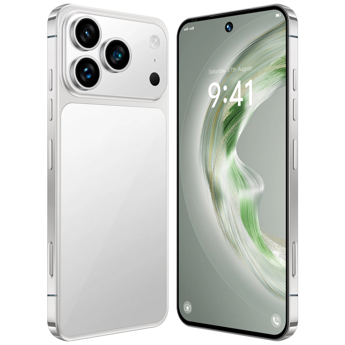 Silver smartphone showing rear triple-camera and front display with 9:41 time