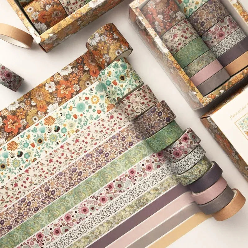 Beige brown washi tape rolls set with floral and vintage designs, single-sided